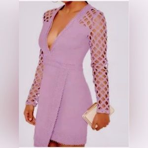 Yoins Sz M Pink Sexy Deep V-Neck Hollow Lace Trim Asymmetrical Hem Mini Dress
